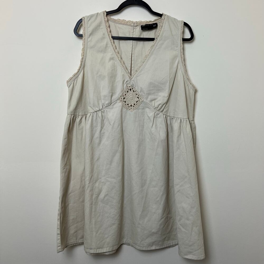 Asos Design Natural Khaki 100% Cotton Crochet Babydoll Shift Mini Dress 14